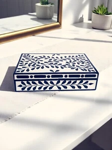 Blue Floral Jewelry Box – Decorative Box for Gifts, Vanity, or Home Decor - Picture 1 of 9