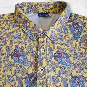 HRESKI Polo Shirt Mens 3XL Yellow Paisley Performance Golf Short Sleeve - Picture 1 of 11