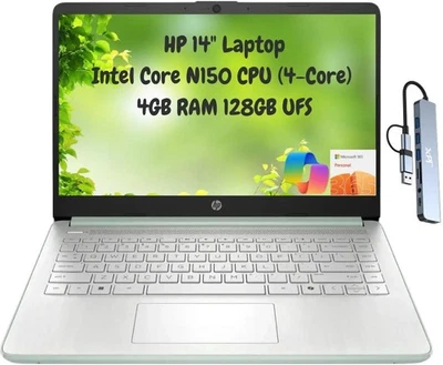 HP Laptop 14" HD Intel N150 4GB 256GB Webcam Office 365 Docking + 128GB microSD - Image 1 of 4