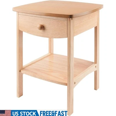 Mesita de noche de madera maciza con cajón y estante de almacenamiento acabado natural nueva Foto 1 de 4