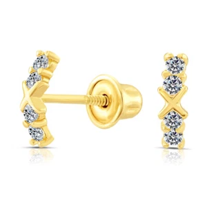 10K Real Solid Yellow Gold Baby CZ Bar Sleeper Studs Earrings Screw-back - Picture 1 of 5