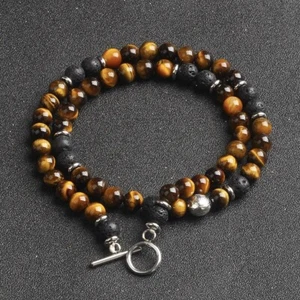 8mm Beaded Necklace Tiger's Eye & Stainless Steel Chain 45-60cm, Men's Jewellery - Picture 1 of 9
