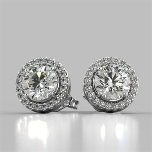 4.00 Ct Round Cut Lab Created Halo VVS1/D Stud Earrings 14K White Gold 8mm Gift - Picture 1 of 13