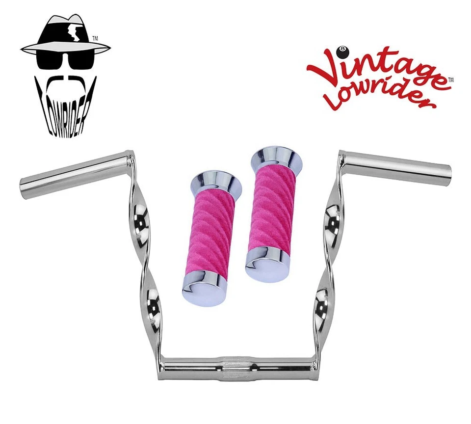 Manillar trenzado plano cromado Lowrider 9" de colección 25,4 mm y empuñaduras de terciopelo rosa remolino. Foto 1 de 1