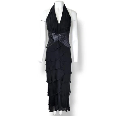 Vestido de seda vintage Tadashi Shoji preto em camadas halter coquetel formal EUA tamanho 8 - Imagem 1 de 4