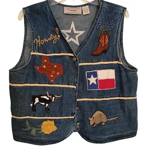 Gilet Denim Con Ricami E Applicazioni Tema Texas Vita Regolabile Unisex Vestibilità L - Foto 1 di 13