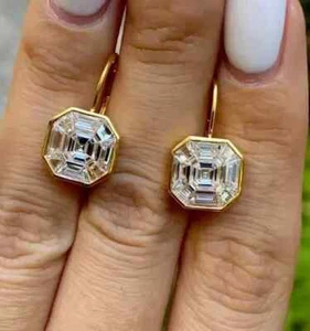 Women Drop-Dangle Bezel Earrings 14k Yellow 3.5 Ct Asscher Cut Lab-Created - Picture 1 of 8