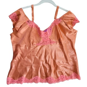 Vintage babydoll seta cami top manica donna taglia 1x Y2K arancione pizzo civetta fata - Foto 1 di 5