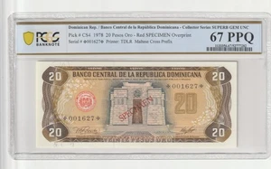 Dominican Republic 1978 20 Pesos Oro Specimen PCGS Banknote  UNC 67 PPQ CS4 - Picture 1 of 2