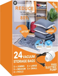 24 Pack Vacuum Storage Bags with Electric Pump, (5 Jumbo, 5 Large, 5 Medium, 5 S - Picture 1 of 12