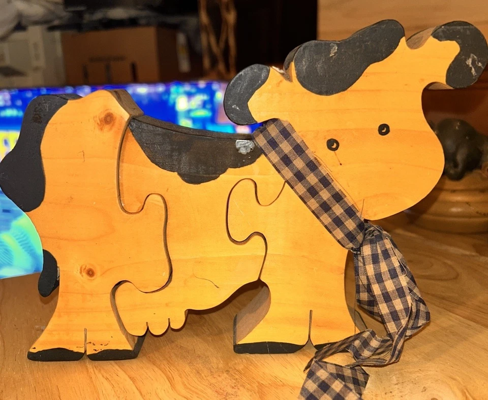 复古手工奶牛 3-D 木制 3 件拼图 9 英寸 x 6.25 英寸 x 1.5 英寸原始民间艺术 — 第 1/4 张图片
