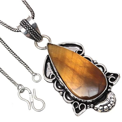 Pendant Tiger's Eye Gemstone Handicraft Valentine'Day Silver Jewelry 2.25" - Image 1 of 4