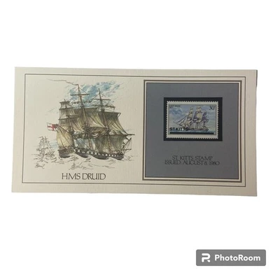 Vtg 1827 HMS Druid St Kitts Stamp Basil Smith Print Issue 1980 Boat Transport - Image 1 of 4