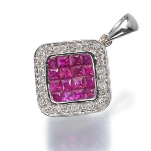 Ruby 0.78ct Diamond 0.15ct Mystery-setting Pendant 18K 750 White Gold - Picture 1 of 4