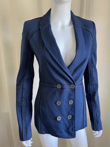 Giacca blazer doppiopetto Alexander Wang 4 blu navy lino cotone seta orlo
