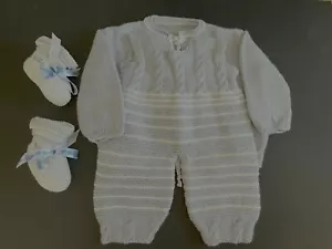 Newborn Baby Soft Blue Knit Set Outfit Jumper, Jacket, and knitted shoe - Picture 1 of 10