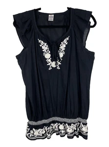 Top Bila para mujer XL negro blanco floral bordado manga aleteada boho cabaña - Imagen 1 de 9