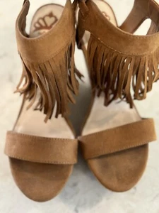 Fergalicious Brown Fringe Strappy Boho Cork Wedge Sz 8.5M. EB1 - Picture 1 of 9