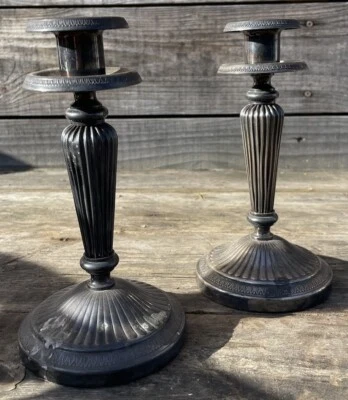 Huet Paire de Bougeoir Chandelier Argenterie Métal Argenté Ancien - Photo 1/4