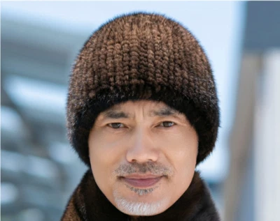 Sombrero de piel de visón real para hombre invierno cálido calavera gorro tocado marrón alto elástico Foto 1 de 4