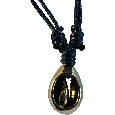 Shiny Gold Colour Shell Pendant Necklace Black Cord Chain Mens Womens Jewellery - Image 1 of 4