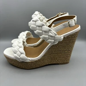 Qupid Espadrille Wedge Sandals Women’s Size 10 White Faux Leather Ankle Strap - Picture 1 of 13