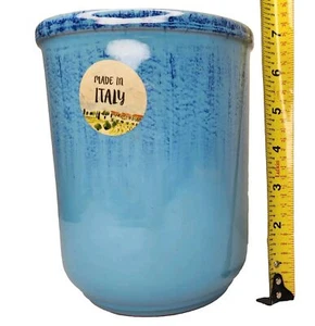 Italy Vase Utensil Holder Aqua Cobalt Blue Glaze Finish Decor 7" Tall Ceramic - Picture 1 of 7