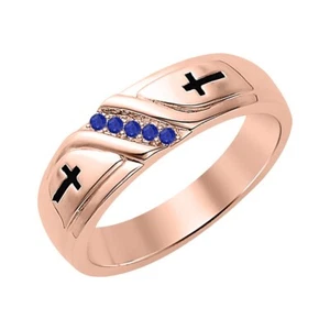 0.40 ctw Created Blue Sapphire 14k Rose Gold Over Double Cross Band Men's Ring - Picture 1 of 5