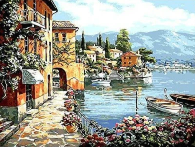 DIY Paint by Numbers French Harbour Scene Canvas Acrylic Kit UK COMPANY - Image 1 of 4