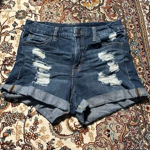 Aeropostale Shorts Woman 8 Blue Distressed Cuffed High Rise Curvy Midi 3” Denim - Picture 1 of 13