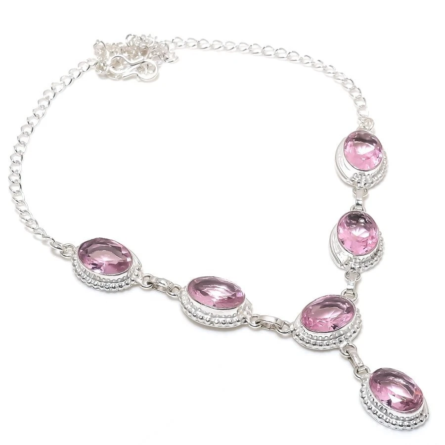 Pink Kunzite Gemstone Handmade 925 Sterling Silver Jewelry Necklace Size 18" - Image 1 of 1