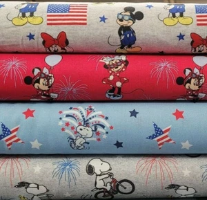 Disney Patriotic Cotton By The 1/4 Yard -PICK FABRIC- Minnie Mickey Mouse Snoopy - Picture 1 of 5
