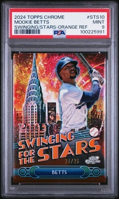 2024 TOPPS CHROME MOOKIE BETTS SWINGING FOR THE STARS REFRACTOR ORANGE /25 PSA 9 - Image 1 of 2