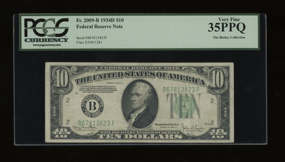 DBR 1934-D $10 New York Fr. 2009-B PCGS 35 PPQ Serial B67813823F - Image 1 of 2