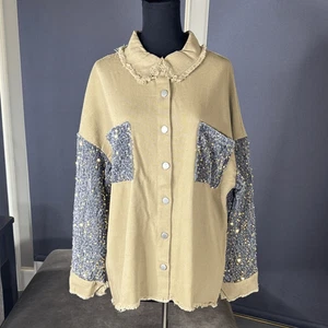 Hemdjacke Shacket Damen beige & glitzernde Pailletten Knopfleiste Gr. XL NEU - Bild 1 von 12