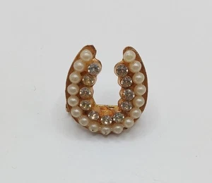 Vintage Gold Tone Faux Pearl Rhinestone Horseshoe Brooch Pin - Picture 1 of 2