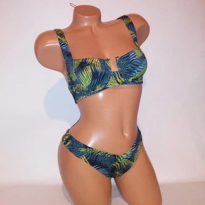 Victoria Secret Swim Bikini 34C Top Medium Bottom Black Green Tropical Thong - Image 1 of 4
