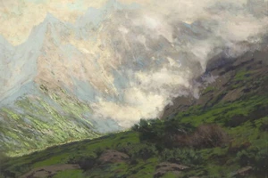 Vintage Lg Trees-Clouds-Mountains Landscape Painting Print-White-Green-Blue-Gray - Picture 1 of 9
