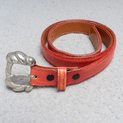 Vintage Zele Pink Leather Belt XS Lizard Texture Wide Silver Buckle - Image 1 of 4