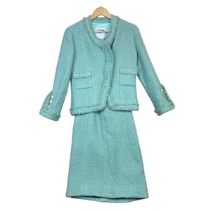 Chanel Boutique Skirt Suit Set Tweed Size 38 Jade Green 100% Wool Pocket EUC - Picture 1 of 22