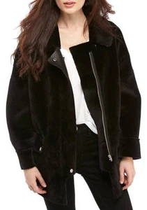 $168 Free People Lindsay Black Faux Fur Sherpa Leather Coat Jacket M (L XL) NWT - Picture 1 of 6