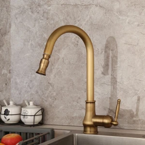 Pull-Out Spray Kitchen Sink Faucet Antique Brass One Hole Mixer Deck Mounted Tap - Picture 1 of 12