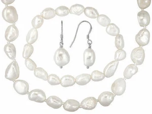 Set aus 9-10 mm Perlen Sterlingsilber Endlosstrang, Stretcharmband & Ohrringe - Bild 1 von 5
