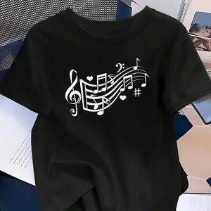 Women's Musical Note and Heart-shaped Printed T-shirt, Versatile T-shirt - Picture 1 of 12