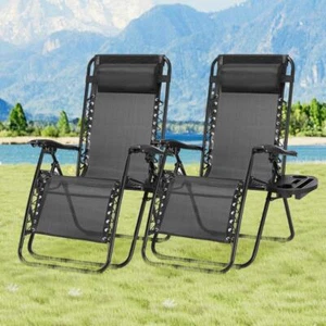 2Pcs Zero Gravity Chairs Folding Sunloungers with Cup Holder and Headrest Pillow - Picture 1 of 9