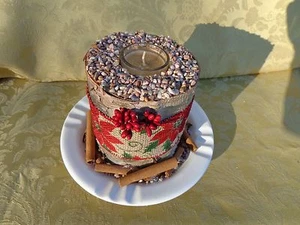 Country Primitive Birch Log Candle Holder on a White Plate - Picture 1 of 2
