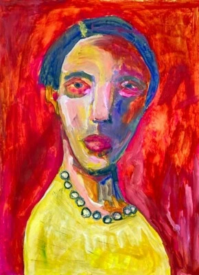 Pintura Retrato Original 9x12 Mujer Anciana Rojo Expresivo Arte de Pared Miz Katie Foto 1 de 4