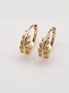 925 Sterling Silver Plain Leaf Vine Huggie Hoop Earrings Women 15mm x4.9mm Gold - Picture 1 of 10