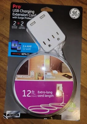 Novo GE 32089 General Electric cabo de extensão de carregamento USB proteção contra surtos   - Imagem 1 de 2