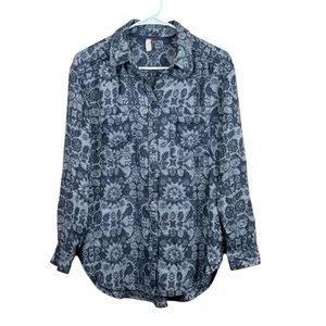 PILCRO Anthropologie Relaxed Blue Bird Print Buttondown Shirt Viscose/Wool EUC - Picture 1 of 5